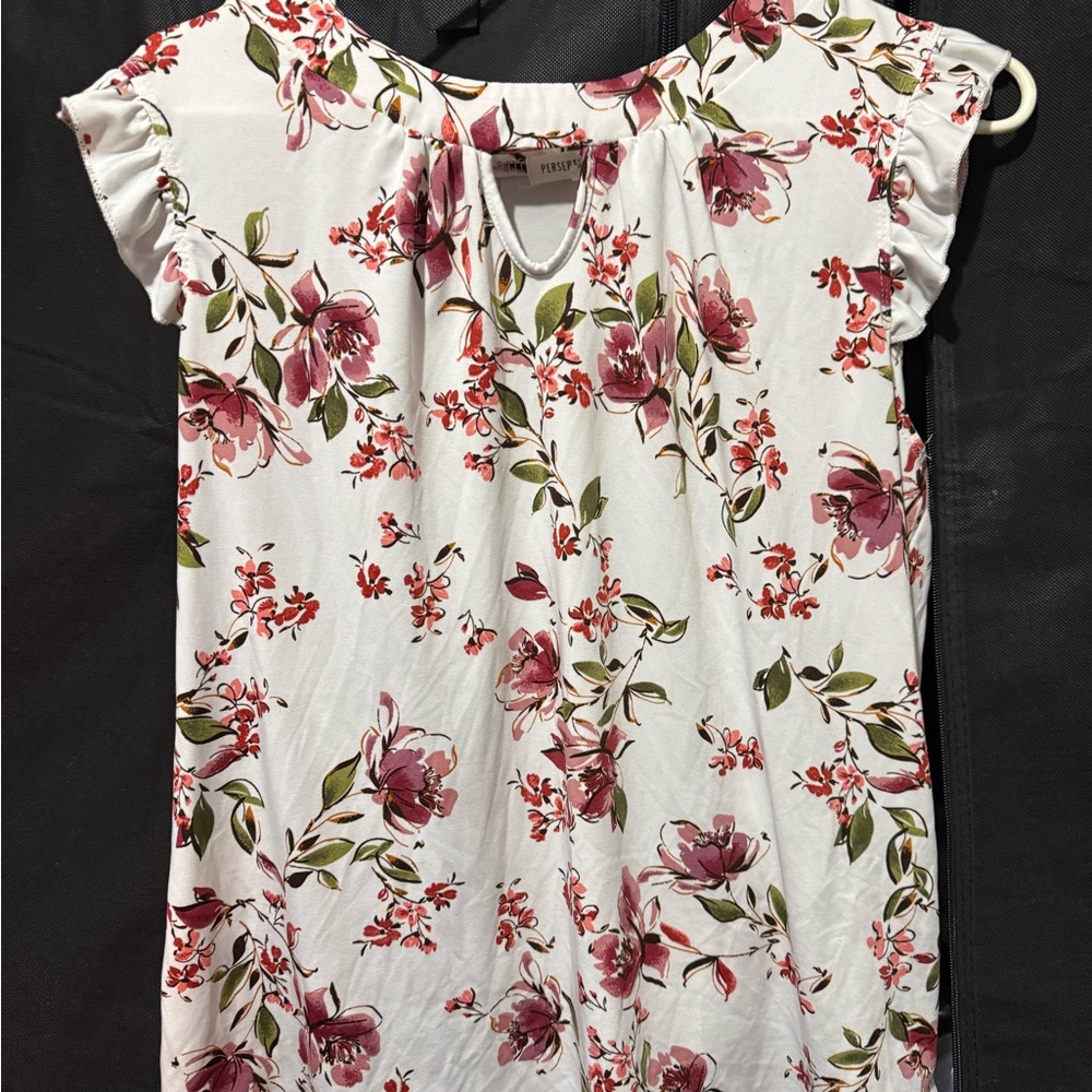 PerSeption Concept Floral Blouse - Pink and Green on White